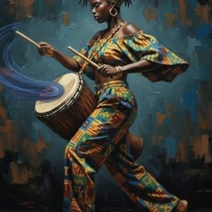 African drummer playing a glowing djembe with swirling blue and yellow light and vibrant patterned clothing.