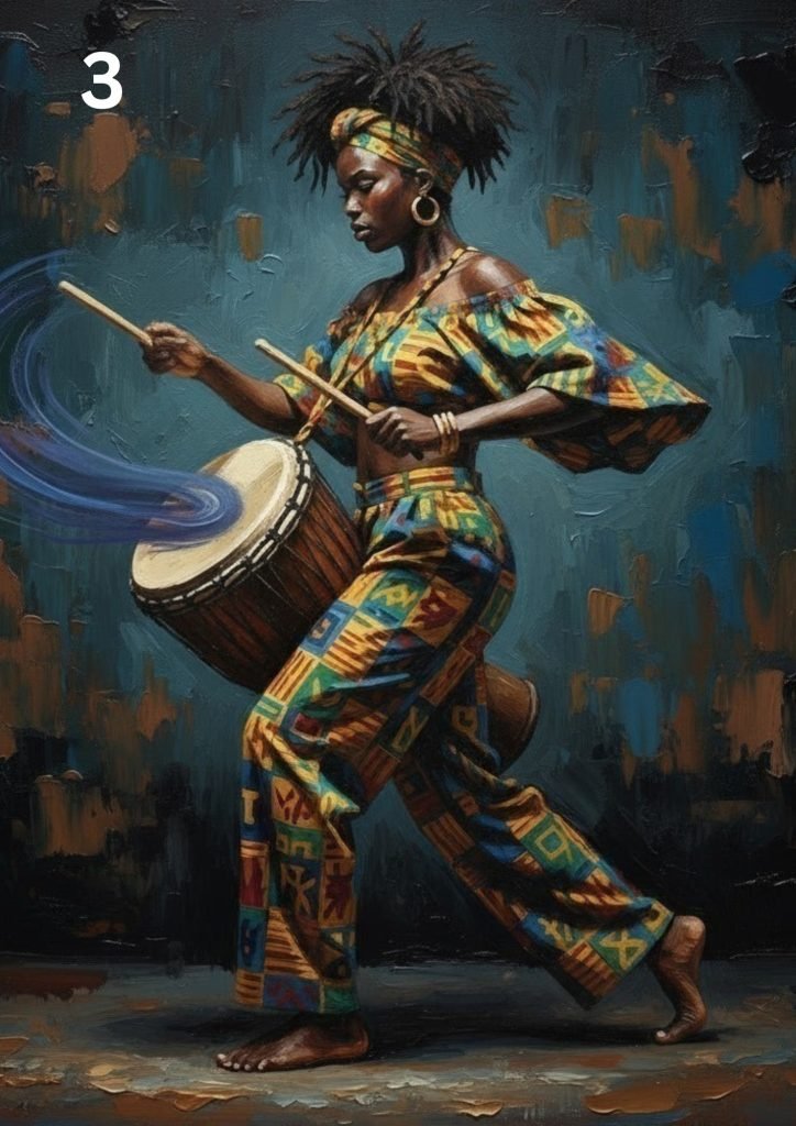 African drummer playing a glowing djembe with swirling blue and yellow light and vibrant patterned clothing.