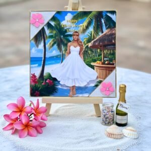 A4 3D tropical Earth Strong card with woman in white dress on beach and pink floral decorations